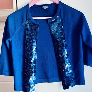 Ann Taylor Royal Blue Silk Cotton Blend Cardigan with Bright Blue Sequins